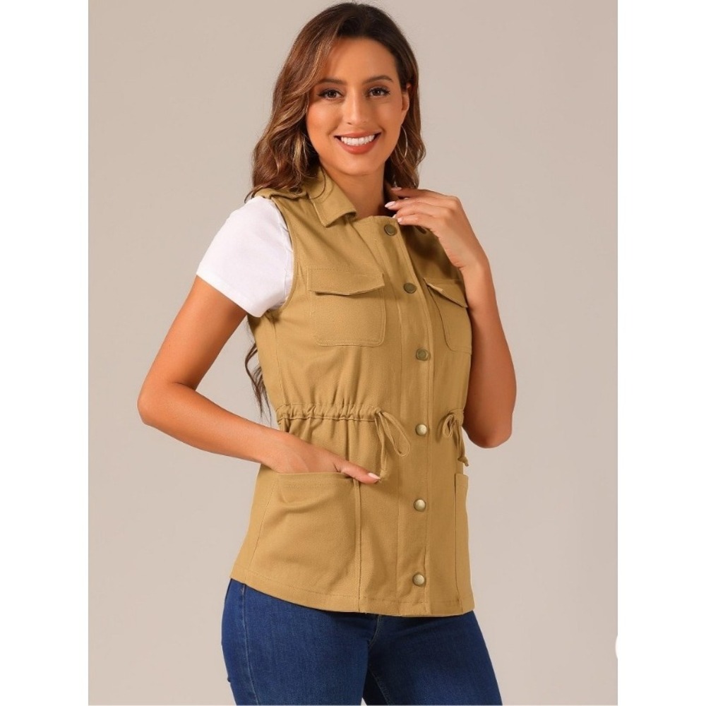 Allegra K Womens‎ Utility Vest Drawstring Waist Button Down Khaki Small NWT